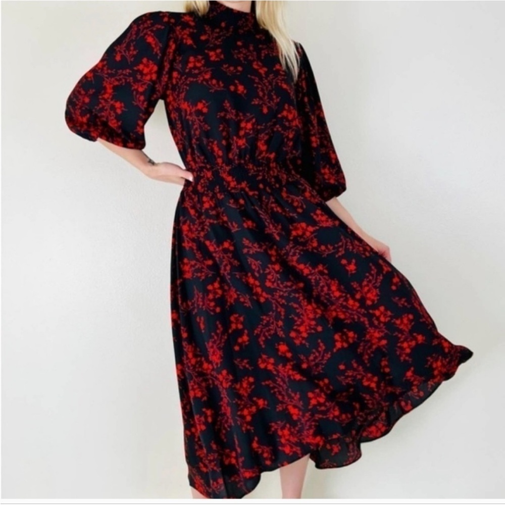 Nanette Lepore 4 Tie Mock Neck Smocked Pleated Long Sleeve Dress Floral